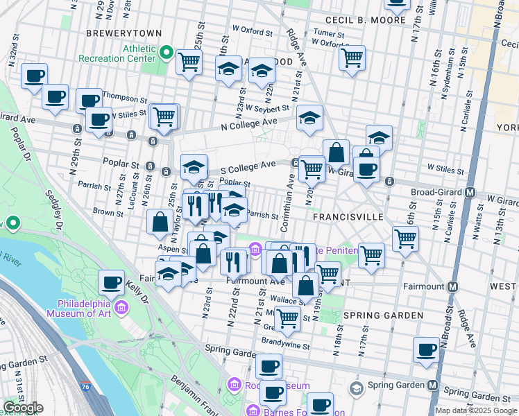 map of restaurants, bars, coffee shops, grocery stores, and more near 856 North 21st Street in Philadelphia