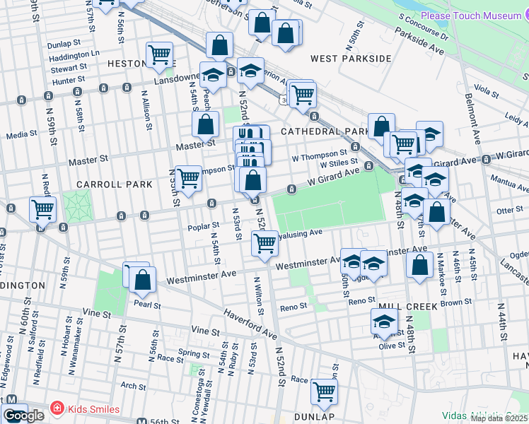 map of restaurants, bars, coffee shops, grocery stores, and more near 655 North 52nd Street in Philadelphia
