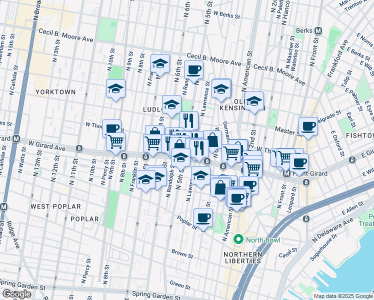 map of restaurants, bars, coffee shops, grocery stores, and more near 1217 North 5th Street in Philadelphia