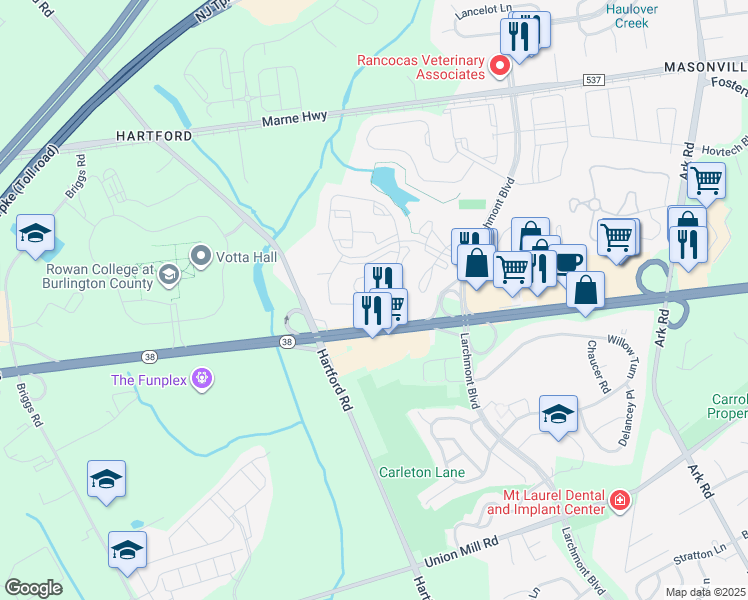 map of restaurants, bars, coffee shops, grocery stores, and more near 5110B Aberdeen Drive in Mount Laurel Township