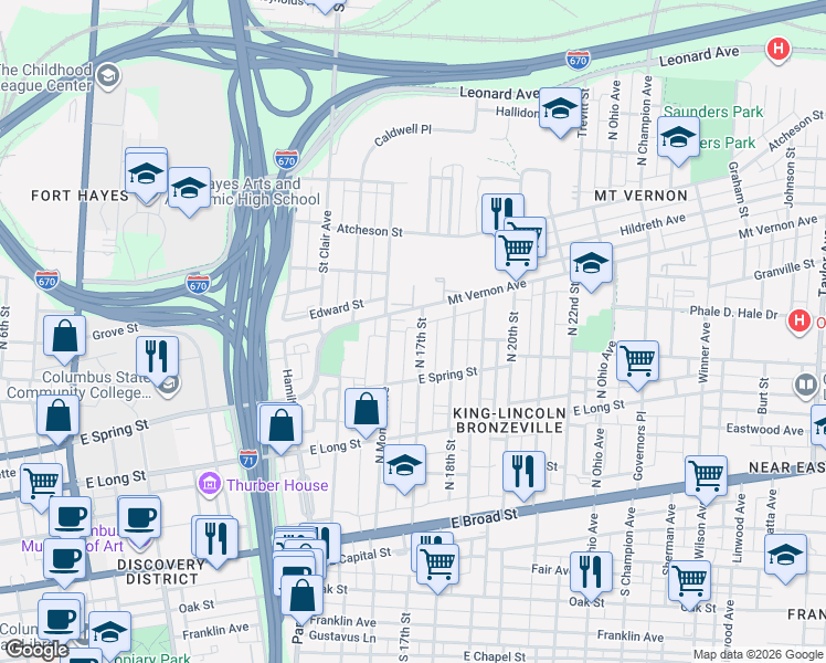 map of restaurants, bars, coffee shops, grocery stores, and more near 260 North 17th Street in Columbus