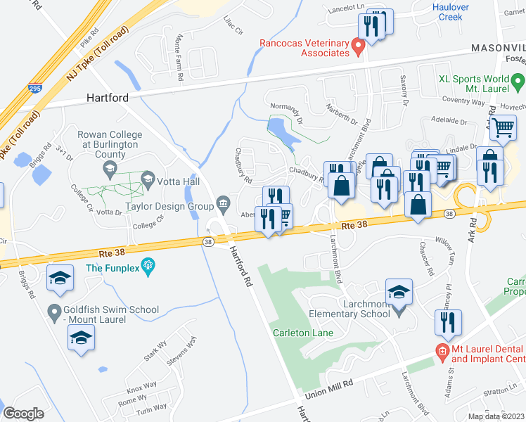 map of restaurants, bars, coffee shops, grocery stores, and more near 5110B Aberdeen Drive in Mount Laurel Township