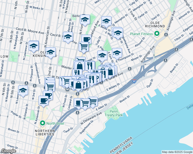 map of restaurants, bars, coffee shops, grocery stores, and more near 1227 E Oxford St in Philadelphia