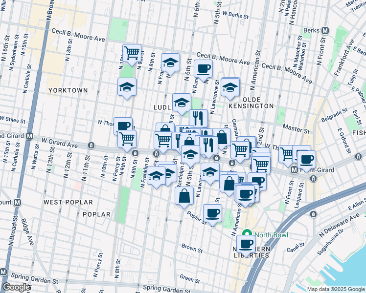 map of restaurants, bars, coffee shops, grocery stores, and more near 1238 North Randolph Street in Philadelphia