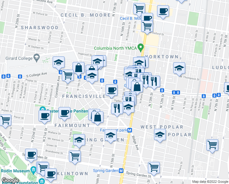 map of restaurants, bars, coffee shops, grocery stores, and more near 1531 Poplar Street in Philadelphia