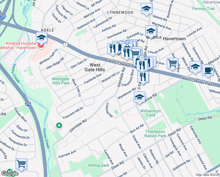 map of restaurants, bars, coffee shops, grocery stores, and more near 133 Greenbriar Lane in Havertown