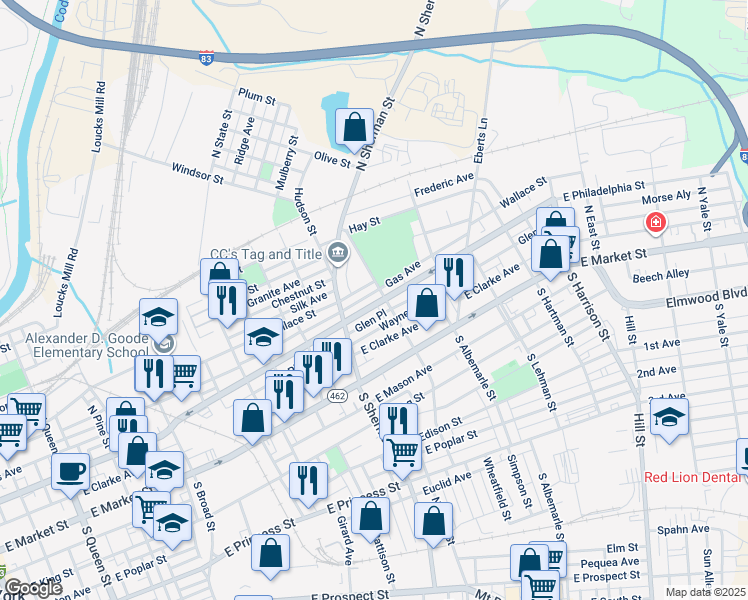 map of restaurants, bars, coffee shops, grocery stores, and more near 851 East Philadelphia Street in York