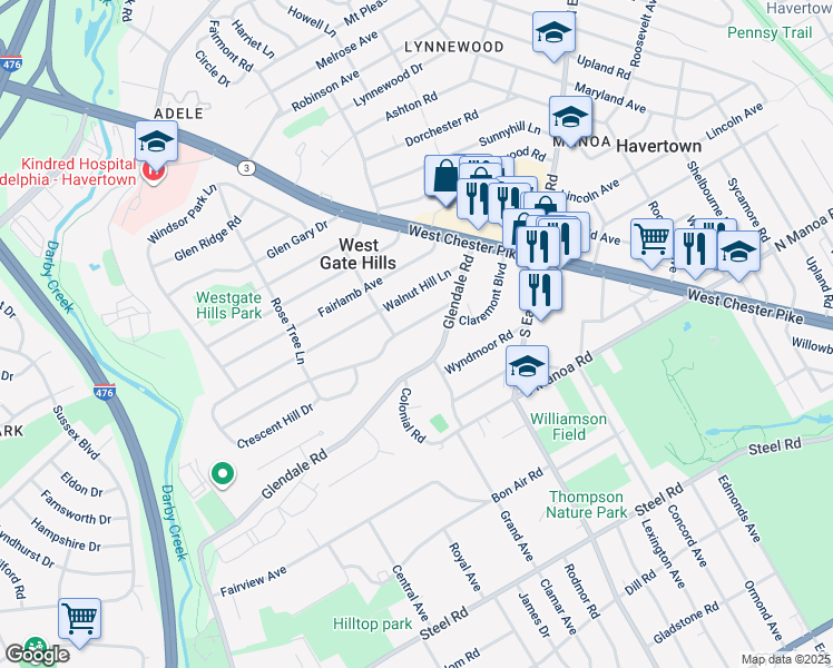 map of restaurants, bars, coffee shops, grocery stores, and more near 133 Greenbriar Lane in Havertown