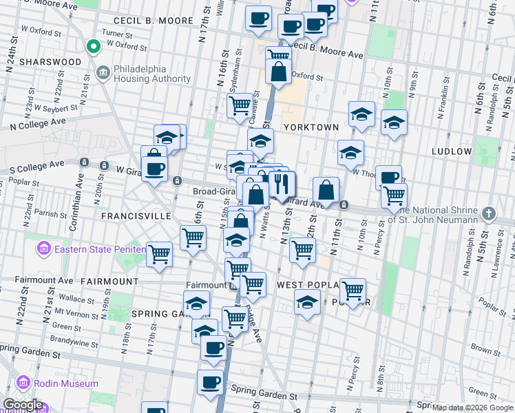 map of restaurants, bars, coffee shops, grocery stores, and more near 919 North Broad Street in Philadelphia