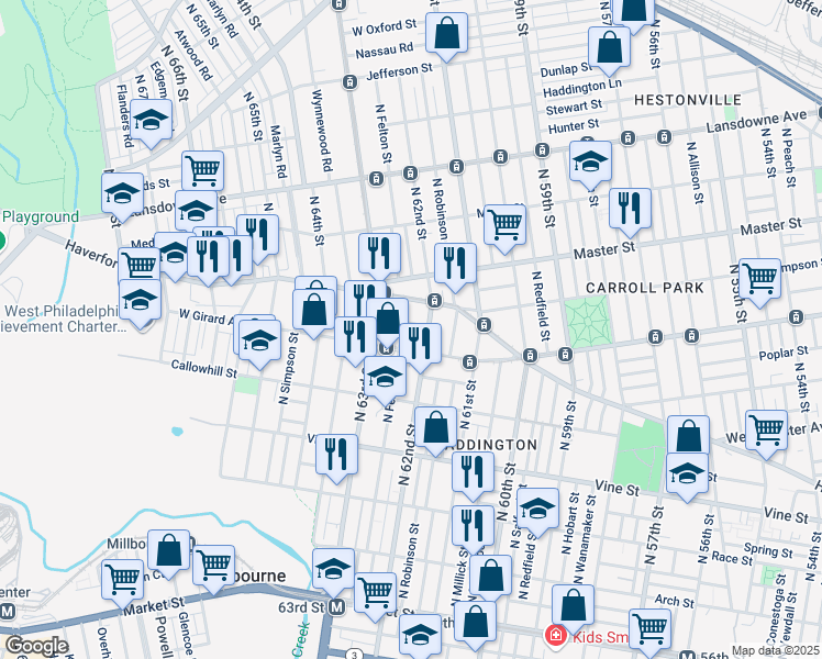 map of restaurants, bars, coffee shops, grocery stores, and more near 6216 West Stiles Street in Philadelphia