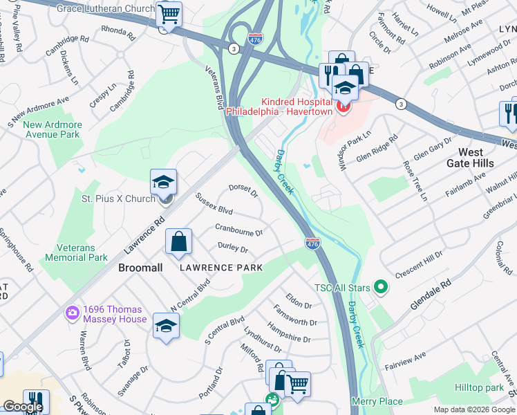 map of restaurants, bars, coffee shops, grocery stores, and more near 4 Elm Circle in Broomall