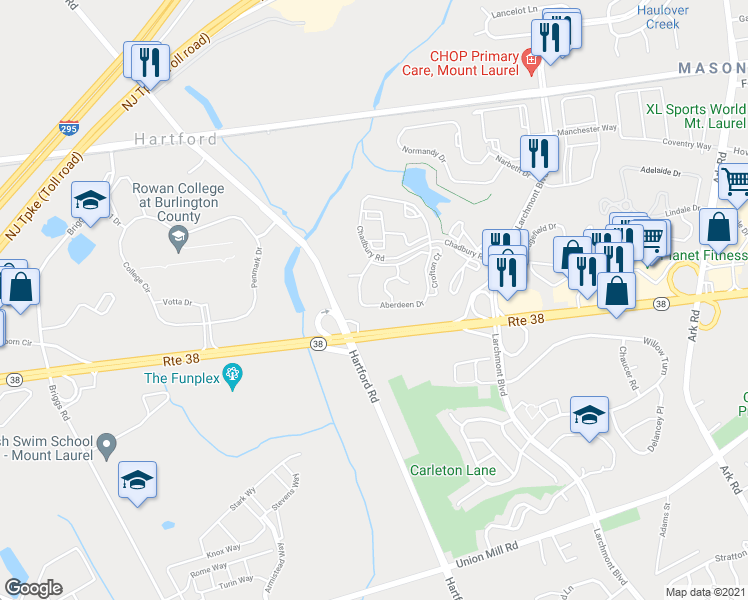 map of restaurants, bars, coffee shops, grocery stores, and more near 4601A Aberdeen Drive in Mount Laurel Township