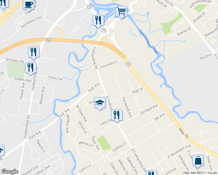 map of restaurants, bars, coffee shops, grocery stores, and more near 839 Forklanding Road in Cinnaminson