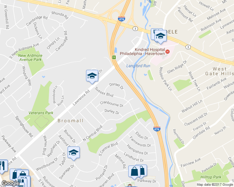 map of restaurants, bars, coffee shops, grocery stores, and more near 219 Sussex Boulevard in Broomall