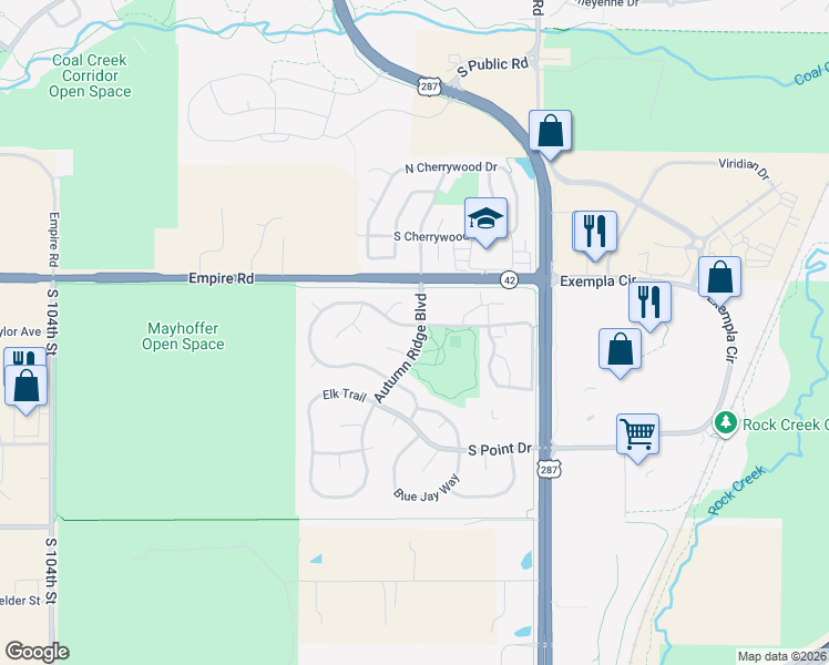 map of restaurants, bars, coffee shops, grocery stores, and more near 309 Marmot Point in Lafayette