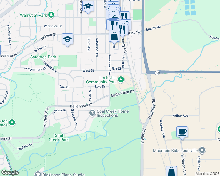 map of restaurants, bars, coffee shops, grocery stores, and more near 109 Bella Vista Drive in Louisville