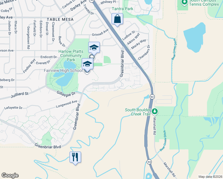 map of restaurants, bars, coffee shops, grocery stores, and more near 4500 Greenbriar Boulevard in Boulder
