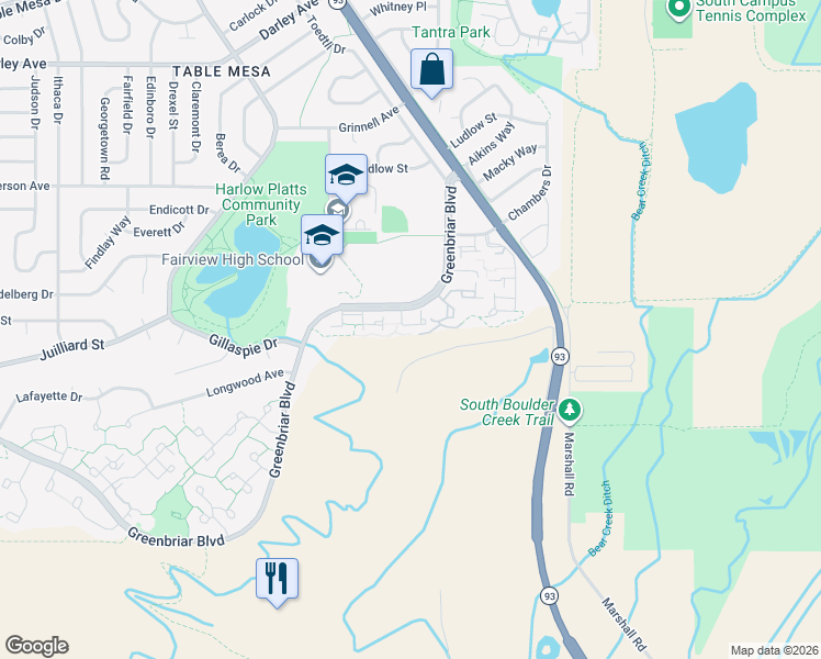 map of restaurants, bars, coffee shops, grocery stores, and more near 4500 Greenbriar Boulevard in Boulder