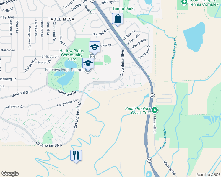 map of restaurants, bars, coffee shops, grocery stores, and more near 4500 Greenbriar Boulevard in Boulder