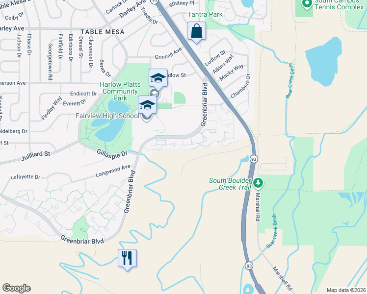 map of restaurants, bars, coffee shops, grocery stores, and more near 4500 Greenbriar Boulevard in Boulder