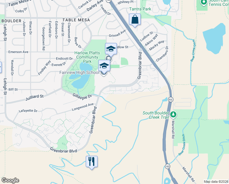 map of restaurants, bars, coffee shops, grocery stores, and more near 4234 Greenbriar Boulevard in Boulder