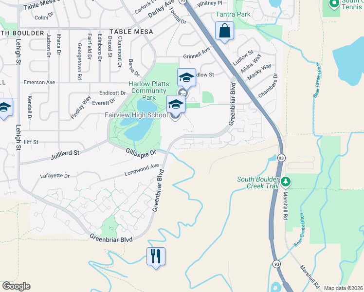 map of restaurants, bars, coffee shops, grocery stores, and more near 4088 Greenbriar Boulevard in Boulder