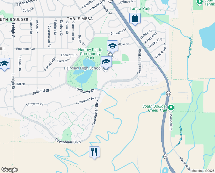 map of restaurants, bars, coffee shops, grocery stores, and more near 4088 Greenbriar Boulevard in Boulder