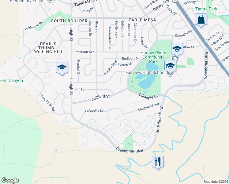 map of restaurants, bars, coffee shops, grocery stores, and more near 2930 Juilliard Street in Boulder