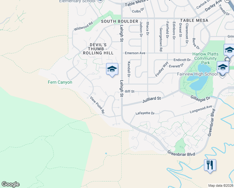 map of restaurants, bars, coffee shops, grocery stores, and more near 2539 Briarwood Drive in Boulder