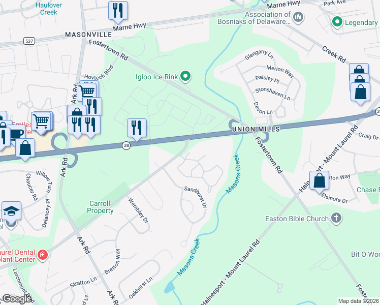 map of restaurants, bars, coffee shops, grocery stores, and more near 3807A Fenwick Lane in Mount Laurel Township
