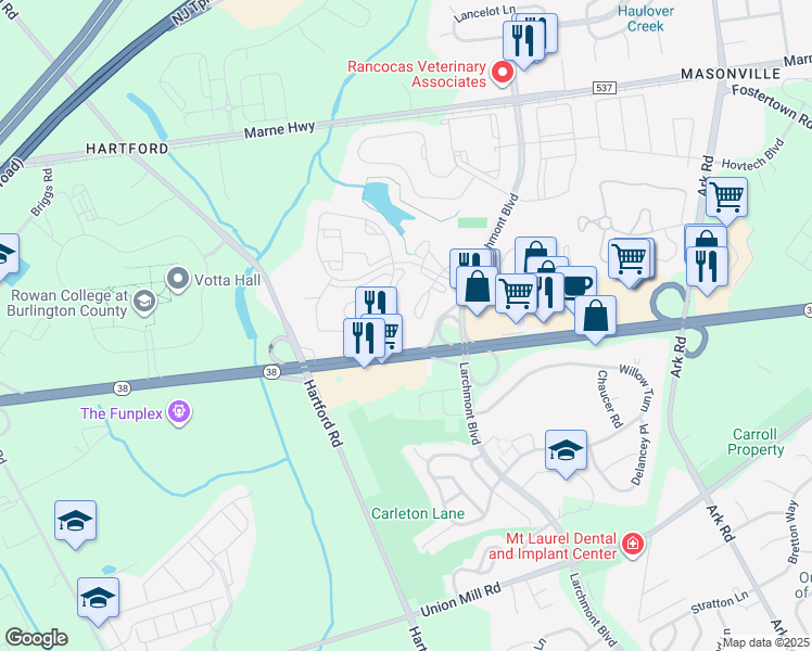map of restaurants, bars, coffee shops, grocery stores, and more near B5504 Aberdeen Drive in Mount Laurel Township