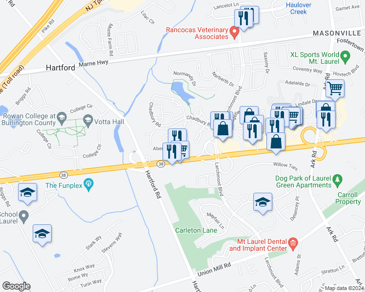 map of restaurants, bars, coffee shops, grocery stores, and more near B5504 Aberdeen Drive in Mount Laurel Township