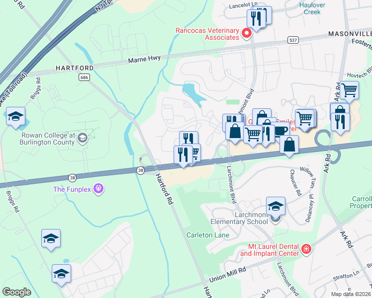 map of restaurants, bars, coffee shops, grocery stores, and more near 3211 New Jersey 38 in Mount Laurel Township