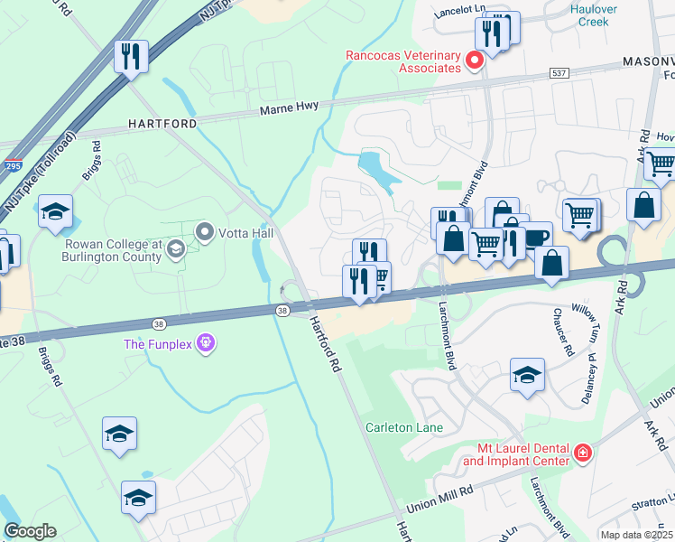 map of restaurants, bars, coffee shops, grocery stores, and more near 4601A Aberdeen Drive in Mount Laurel Township