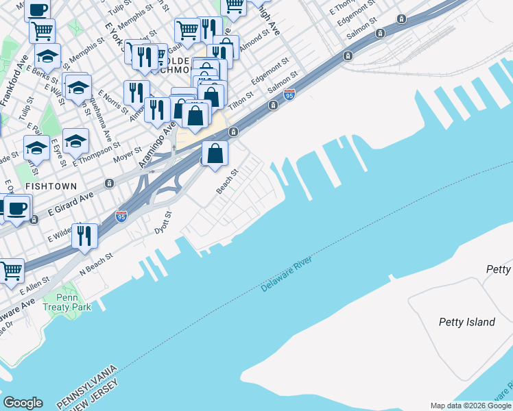 map of restaurants, bars, coffee shops, grocery stores, and more near 2015 Richmond St in Philadelphia