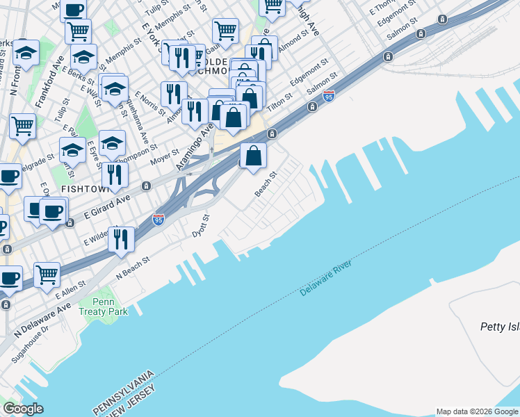 map of restaurants, bars, coffee shops, grocery stores, and more near 3101 Evergreen Walk in Philadelphia