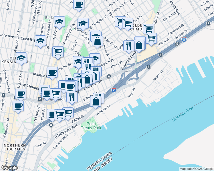 map of restaurants, bars, coffee shops, grocery stores, and more near 13 East Wildey Street in Philadelphia