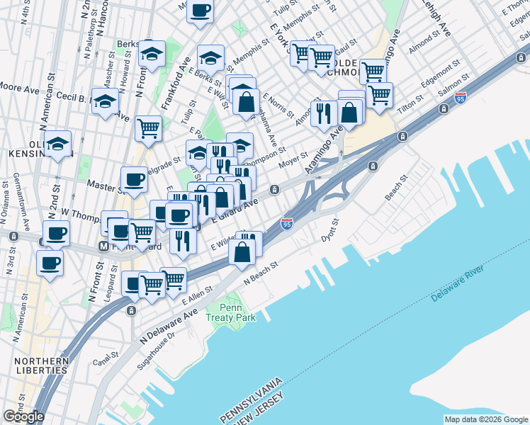 map of restaurants, bars, coffee shops, grocery stores, and more near 13 East Wildey Street in Philadelphia
