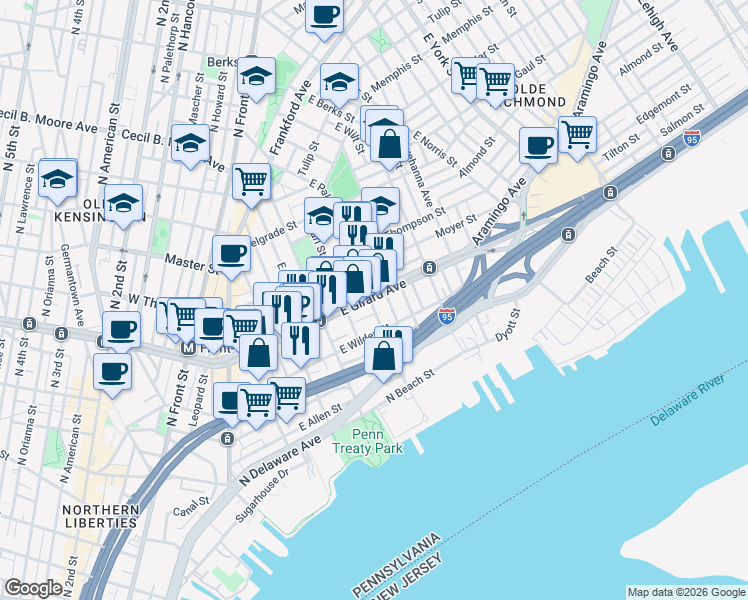map of restaurants, bars, coffee shops, grocery stores, and more near 1116 East Eyre Street in Philadelphia