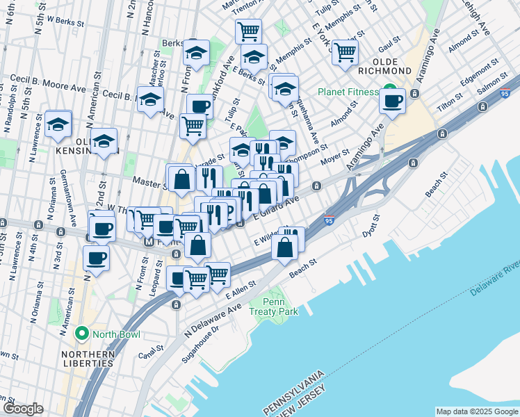 map of restaurants, bars, coffee shops, grocery stores, and more near in Philadelphia