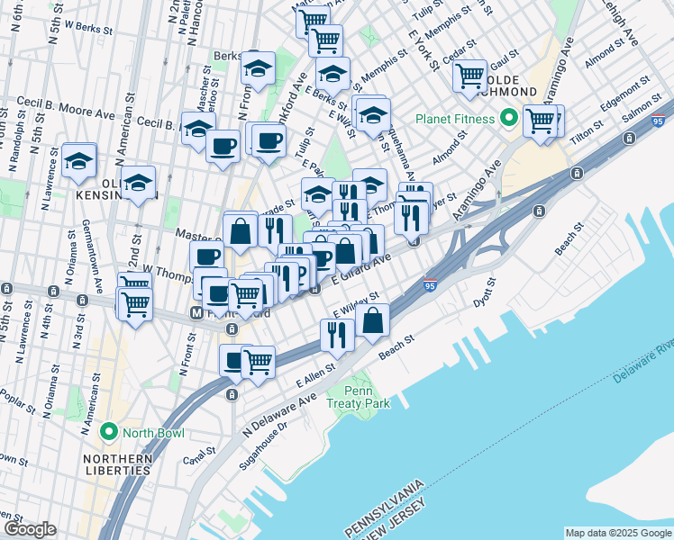 map of restaurants, bars, coffee shops, grocery stores, and more near in Philadelphia
