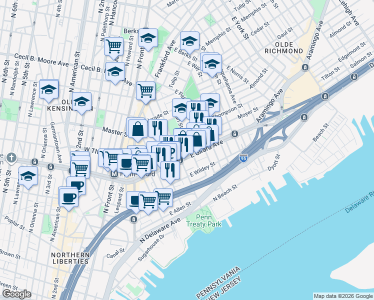 map of restaurants, bars, coffee shops, grocery stores, and more near in Philadelphia