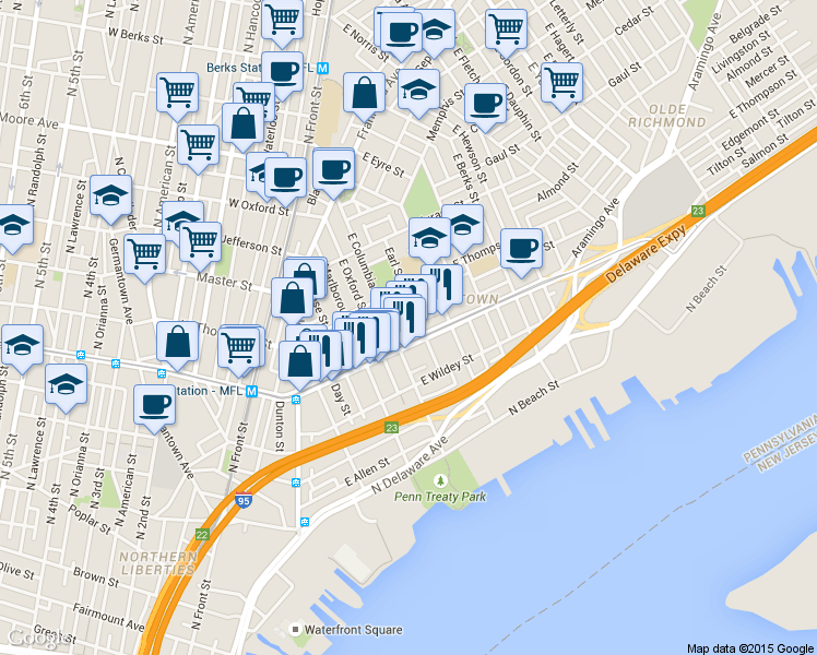 map of restaurants, bars, coffee shops, grocery stores, and more near in Philadelphia