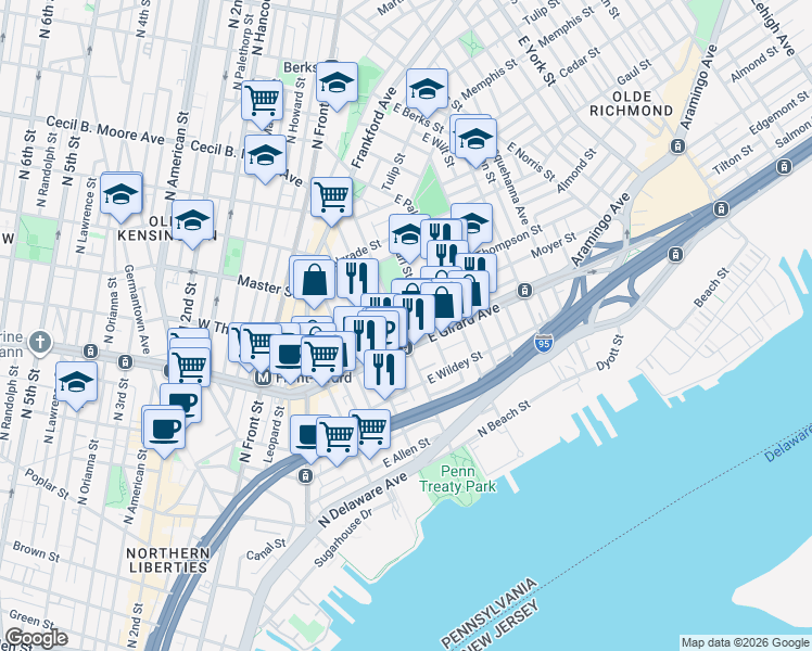 map of restaurants, bars, coffee shops, grocery stores, and more near in Philadelphia