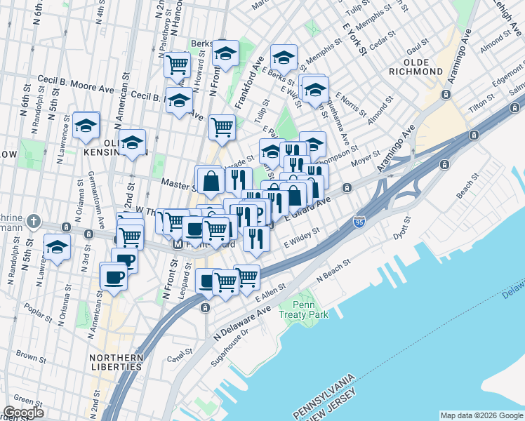 map of restaurants, bars, coffee shops, grocery stores, and more near in Philadelphia