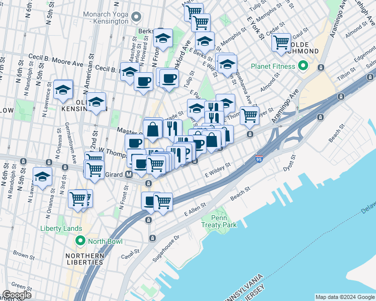 map of restaurants, bars, coffee shops, grocery stores, and more near in Philadelphia