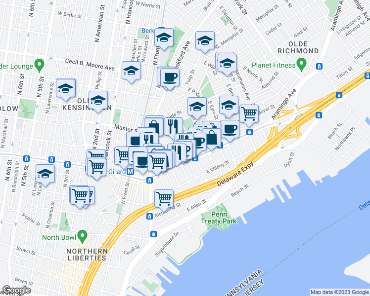 map of restaurants, bars, coffee shops, grocery stores, and more near 1223 Marlborough Street in Philadelphia