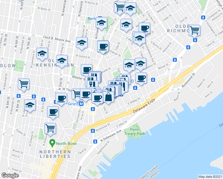 map of restaurants, bars, coffee shops, grocery stores, and more near 1223 Marlborough Street in Philadelphia