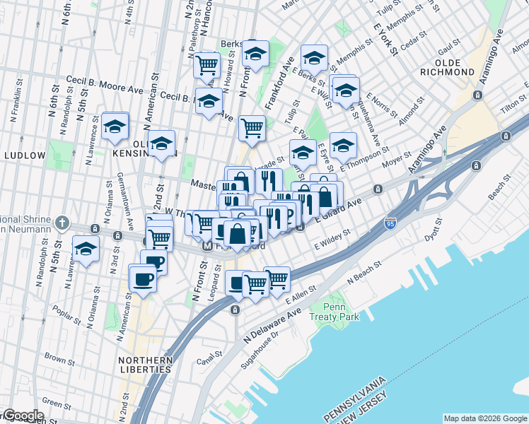 map of restaurants, bars, coffee shops, grocery stores, and more near 1223 Marlborough Street in Philadelphia