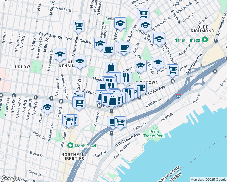 map of restaurants, bars, coffee shops, grocery stores, and more near 1242 Crease Street in Philadelphia